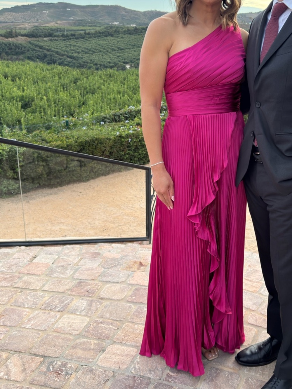 Christian Siriano One-Shoulder Ruffled Pleated Maxi Dress in Fuchsia - Picture 2 of 13